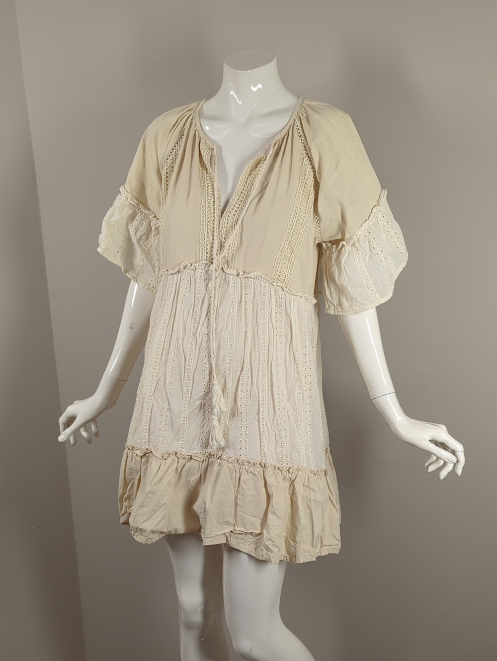 Boho Cream Eyelet Cotton Tunic Dress Cotton Size Large